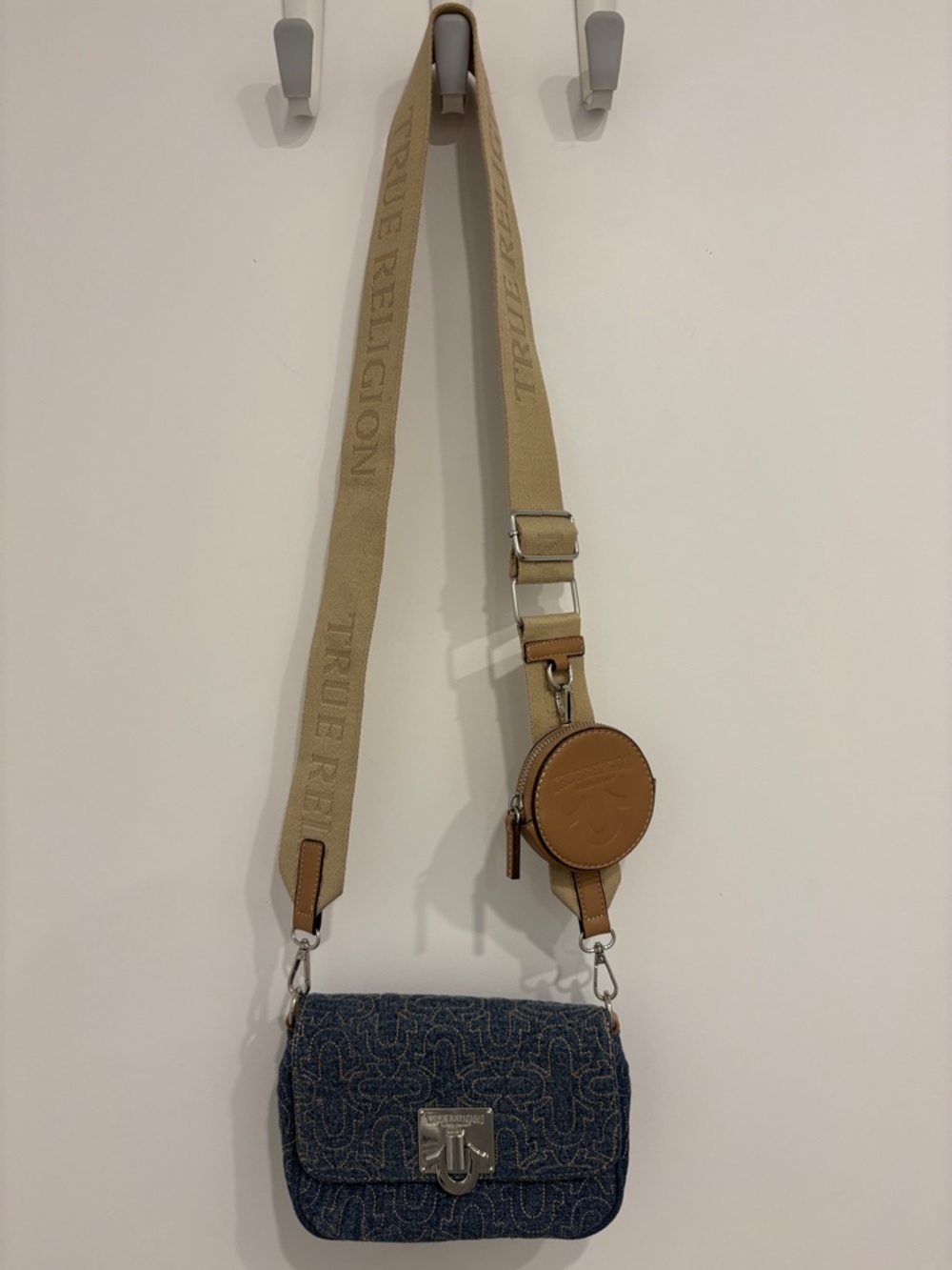 True Religion Blue Denim Crossbody with Tan Strap and Coin Pouch
